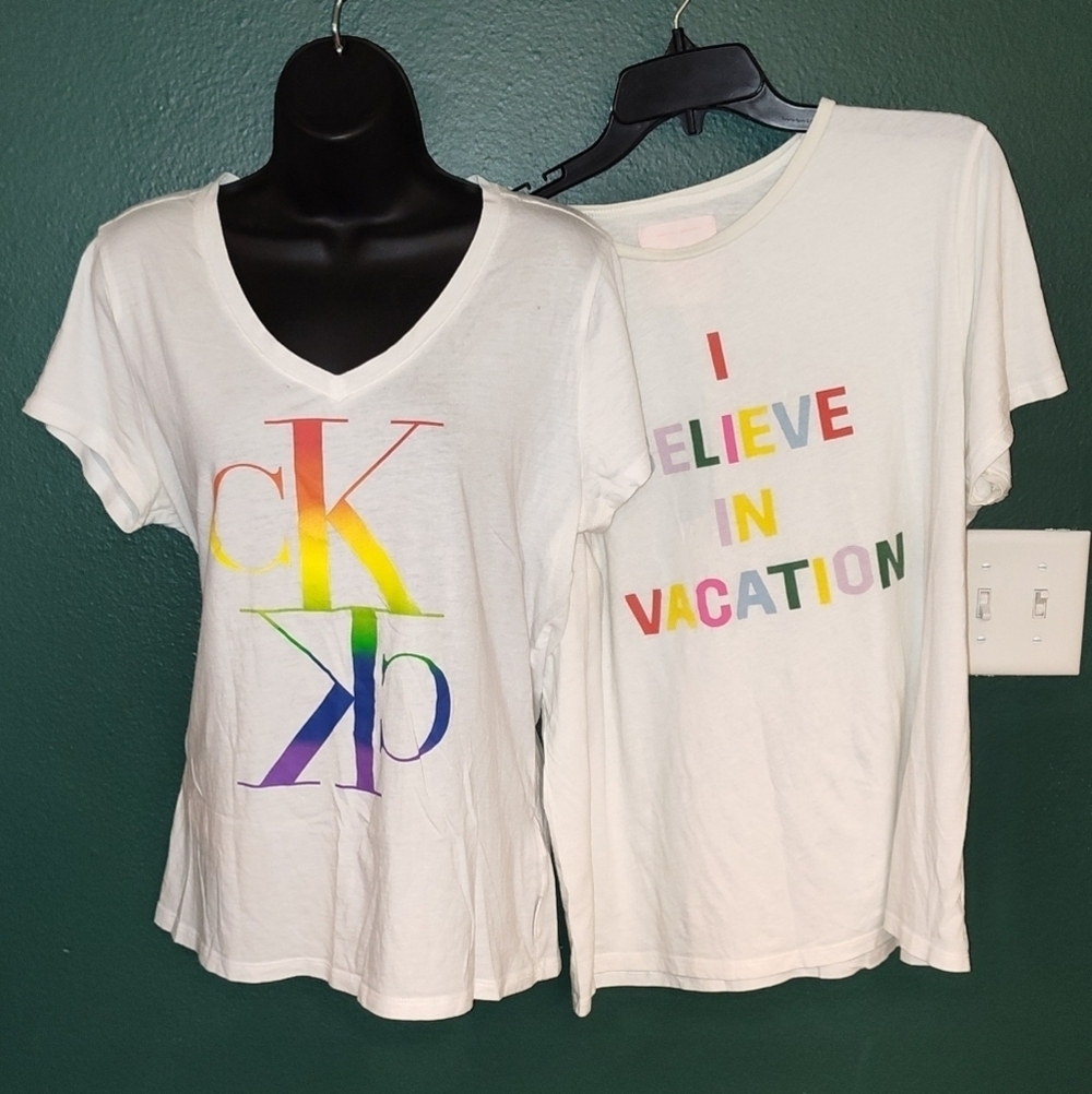 Two Bright White in New Condition tees with Rainbow Messages XL